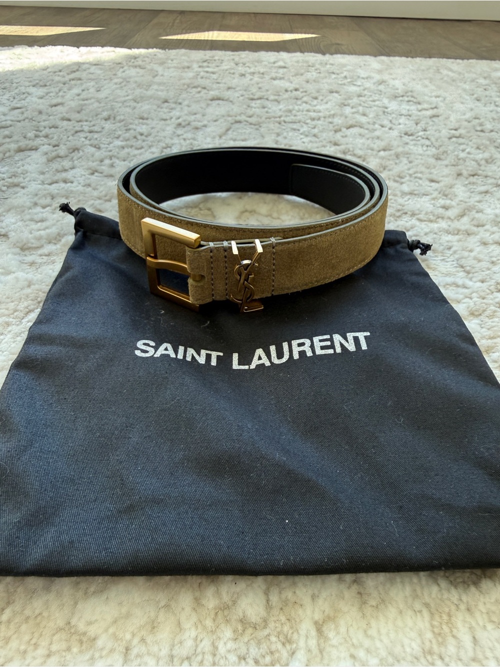 Authentic Saint Laurent Olive Suede Men's Belt with Gold Hardware